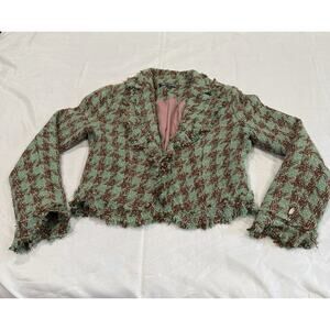 Blazer Frayed Raw Hem Tweed Green Brown Metallic by True Meaning Lined Size 10